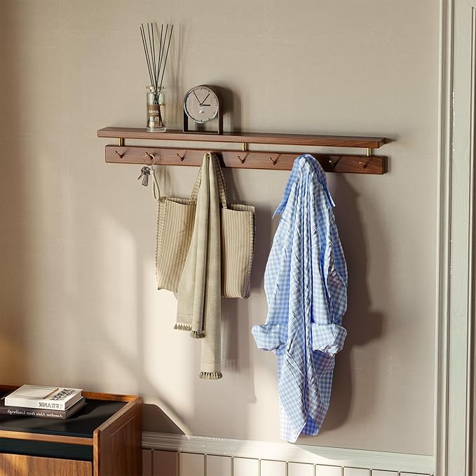 Walnut Wall Hooks with Shelf, Coat Rack Wall Mount, Entryway Hanging Shelf with 9 Brass Hooks for Hats, Clothes, Towels, Bags, Black Walnut Wood, Natural