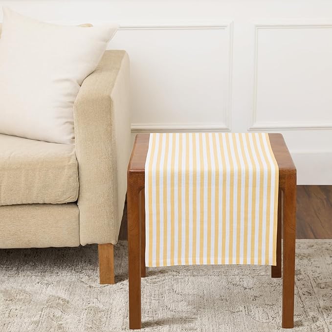 Solino Home Linen Table Runner 36 Inches - Amalfi Stripe 100% Pure Linen Mustard and White Farmhouse Table Runner 14 x 36 Inch Ideal for Dresser and Coffee Tables, Summer