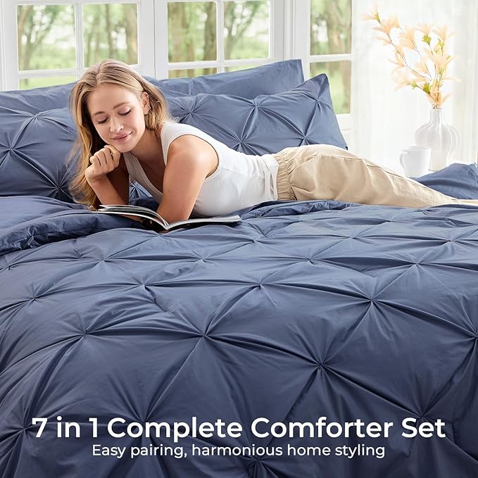 Sasttie King Size Comforter Set, 7-Piece Bed in a Bag, Pintuck Bedding Set for All Season, Includes Comforter, Flat Sheet, Fitted Sheet, Pillowcases and Pillowshams, Indigo Blue