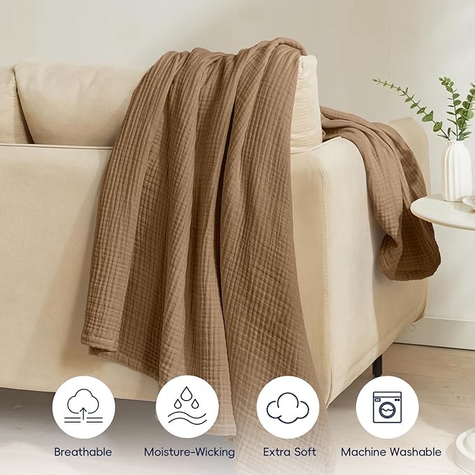 PHF 100% Cotton Muslin Throw XL Blanket Large 50" x 70", 4-Layer Lightweight Gauze Throw, Breathable Cloud-Soft Minimalist Blanket for Bed, Couch, Camping, Coco Brown, Ideal Gift