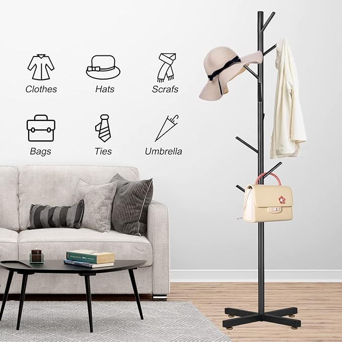 Snaikor Metal Coat Rack, Modern Coat Rack Freestanding, Sturdy Coat Tree Stand with Cross Base, Black Coat Racks Hall Tree for Clothes Jacket Hat Bag Entryway
