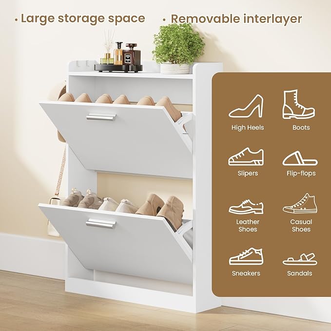 Shoe Cabinet Organizer with 2 Flip Drawers，Freestanding Shoe Rack Cabinet，Narrow Shoe Cabinet Storage for entryway，Foyer, Hallway, White, 23.6" W × 6.3" D × 33.1" H