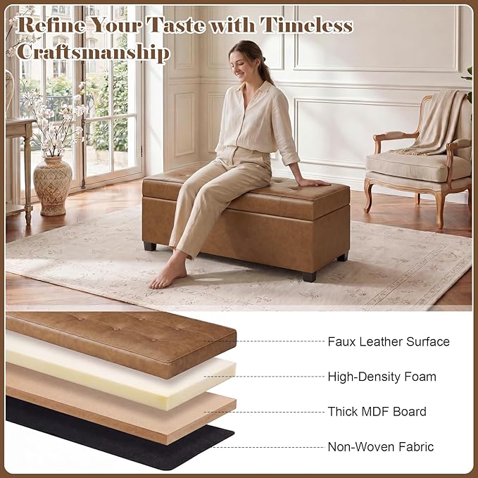 Homebeez 40" Faux Leather Storage Ottoman Bench, End of Bed Bench, Upholstered Bench with Storage for Living Room,Bedroom,Entryway (40" Caramel Brown)