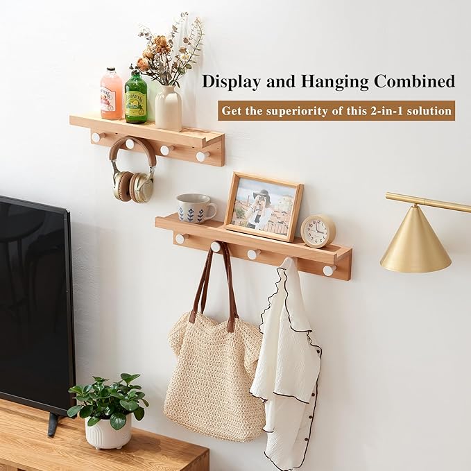 Wall Hooks with Shelf 19 inch, Beech Wood Entryway Wall with 4 Hooks, Floating Shelf Coat Rack for Bathroom, Living Room, Bedroom (19inch)