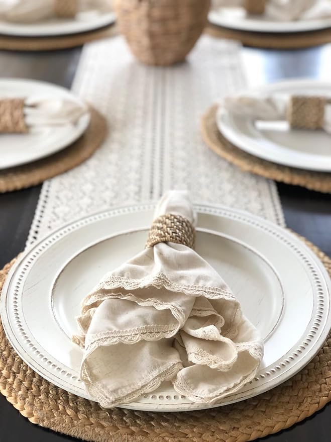 Homidate Cloth Dinner Napkins Linen Flax Cotton 18x18 Set of 12 – Natural with Lace & Mitered Corners – Machine Washable Reusable Fabric Napkins for Weddings, Parties & Table Decorations
