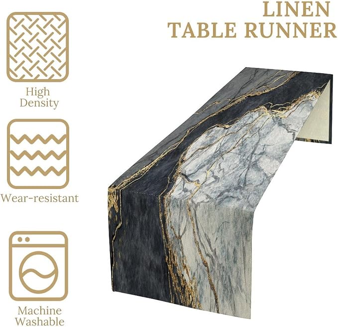 Marble Table Runner,Gold Glitter Gray Black Stone Marble Tie Dye Fluid Abstract Art Pattern Table Runner for Coffee Table Dining Room Table Bedroom Party Holiday Decor 13x108inch