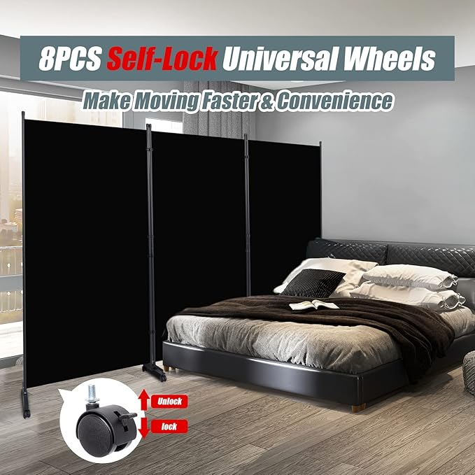 Room Divider Portable Partition Room Dividers and Folding Privacy Screens Fabric Panel Wall Divider for Room Separation, Freestanding Fabric Room Divider Panel/Wheels (Matte Black, 3 Panel-102'')