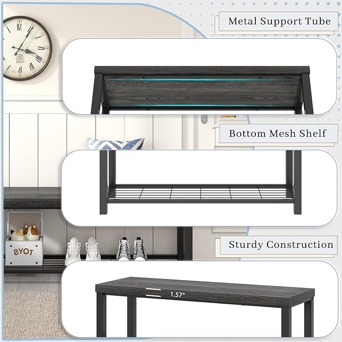 FOLUBAN Industrial Shoe Storage Bench for Entryway Hallway, Rustic Indoor Shoe Rack Bench Seat for Living Room Bedroom, 43.3 Inch Dark Gray