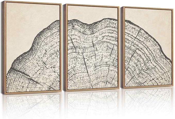 KUVIOKE Framed Tree Rings Wood Wall Art Modern Retro Beige Wood Stump Wall Decor Nature Abstract Art Print for Living Room Bedroom 12x16in (Natural Framed)