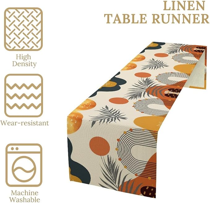 YCness Boho Leaf Table Runner, Mid Century Modern Minimalism Palm Tropical Leaf Table Runner for Living Room Bedroom Kitchen Laundry Room Abstract Geometric 13x90 Inch, Orange