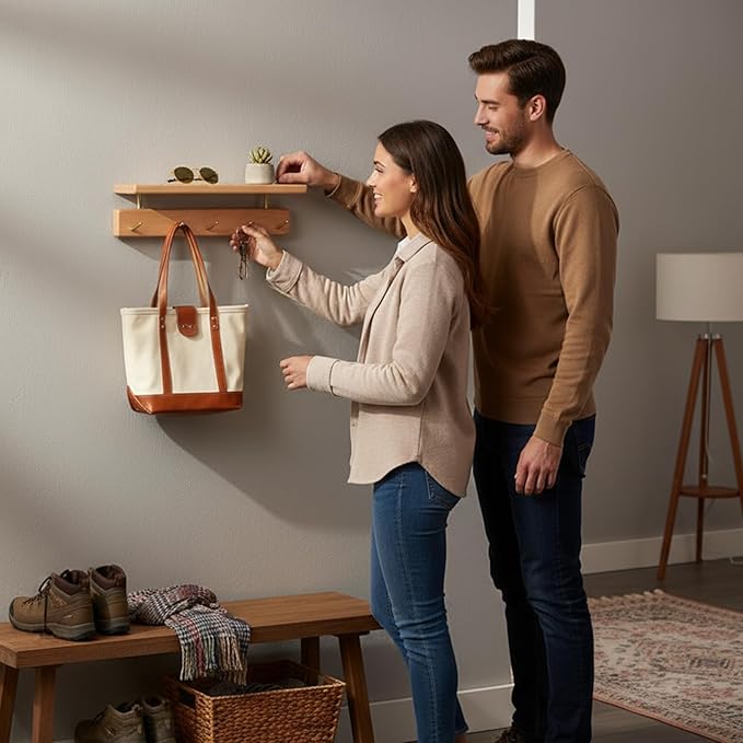 Wall Mounted Coat Rack with Shelf, Wooden Entryway Organizer with 8 Hooks, Wall Shelf with Hooks for Hallway, Bedroom, Bathroom (Beech, 24.41inch/62cm)