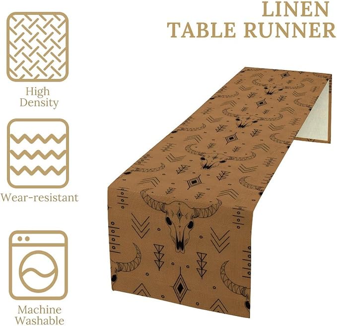 Rustic Western Table Runner, Vintage Bull Skull Boho Tribal Geometric Print Table Runner for Kitchen Dining Party Home Decor, 13x108 Inch