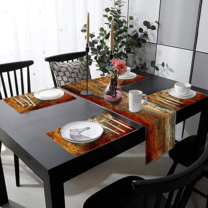 Brown Rust Table Runner and Place Mats Set of 6 Abstract Colorful Metal Steel Iron Rusty Stain Linen Dining Mat Sets Washable Vintage Splash Messy for Home Table Decorations 70 Inches Long
