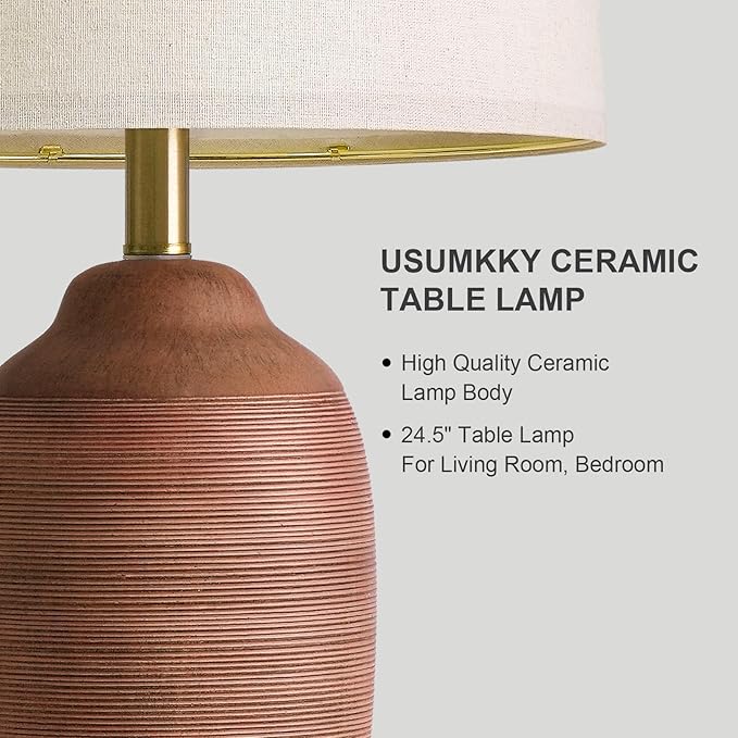 24.5" Single Rustic Terracotta Brown Handcrafted Ceramic Table Lamp 5FT Cord,Farmhouse Vintage Lamp with Linen Drum Shade, Bedside Lamp for Nightstands Bedroom Living Room Entryway,Bulb Not Included