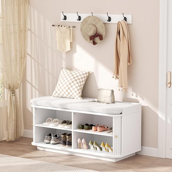 Hall Tree with Bench and Shoe Storage, Entryway Bench with Sliding Door Cabinet, Removable Padded, Metal Wall Hooks and Adjustable Storage Compartments, for Entry, Hallway, Living Room, White