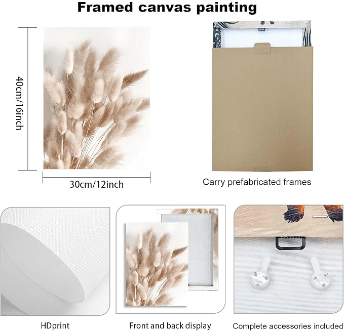 3 Piece Wall Art Framed Canvas Wall Art Neutral Boho Landscape Pictures Wall Decor with Beach Grass and Palm Leaves Design for Living Room Bedroom Bathroom Office Wall Decor with Hooks and Nails 12x16 Inch