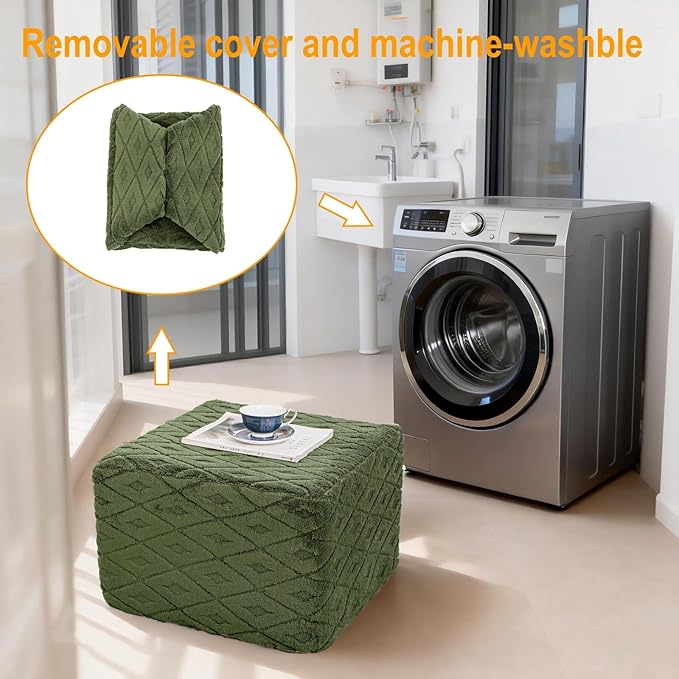 Fluffy Square Ottoman Pouf with All-in-One Foam Filling 20 x 14 Inches Furry Ottoman Foot Rest Foot Stool for Living Room or Bedroom (Green)