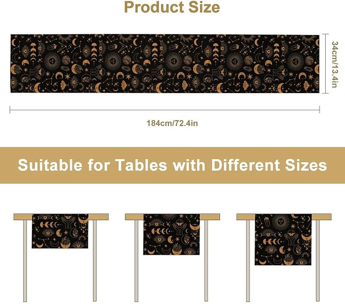 Boho Moon Sun Table Runner, Mystic Witchy Astrology Gold Black Decor Table Runner for Kitchen Dining Party Wedding, 13x36 Inch