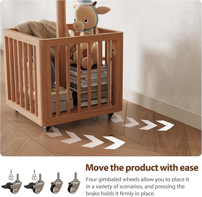 Solid Wood Cactus Coat Rack, Freestanding Coat Rack with 6 L-Shaped Hooks and Storage Basket, for Coats, Hats, Handbags, Coat Tree for Entryway, Bedroom, Living Room, Natural