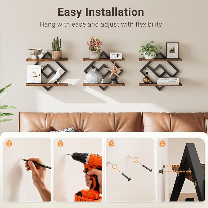 ELYKEN Floating Shelves for Wall, Set of 3 Hanging Shelves, 2-Tier Wall Mounted Storage Shelves for Books & Decor, Perfect for Living Room, Bedroom, Kitchen, Home Office, Study, Rustic Brown