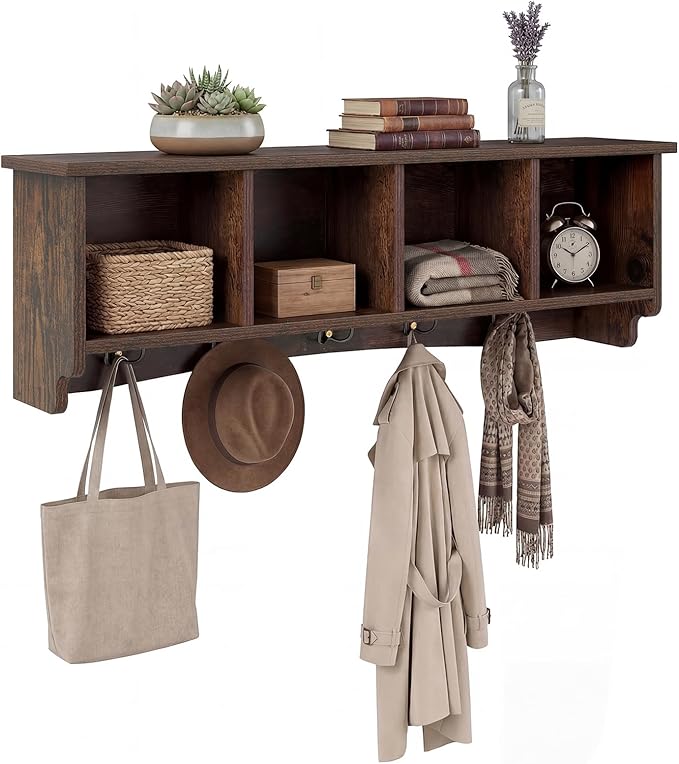 Giantex Wall Mounted Coat Rack, 28.5'' Wooden Floating Shelf with 4 Cubbies & 5 Double Hooks, Modern Space-Saving Storage Display Organizer for Entryway, Hallway, Mudroom (Rustic Brown)
