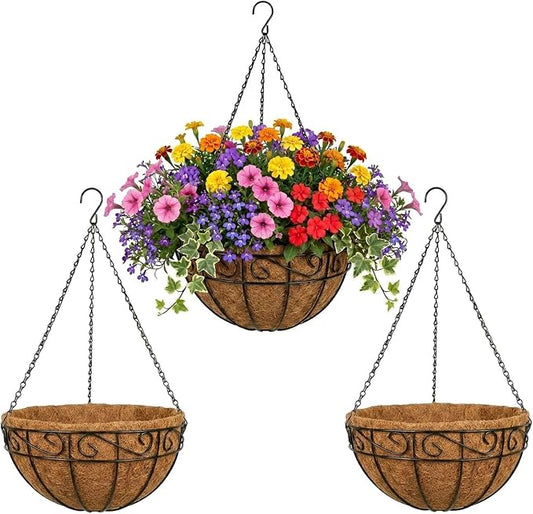 3 Pack Hanging Baskets for Plants Outdoor 12 Inch Metal Hanging Planters with Coco Coir Liner, Round Hanging Flower Basket for Home Garden Patio Balcony Porch