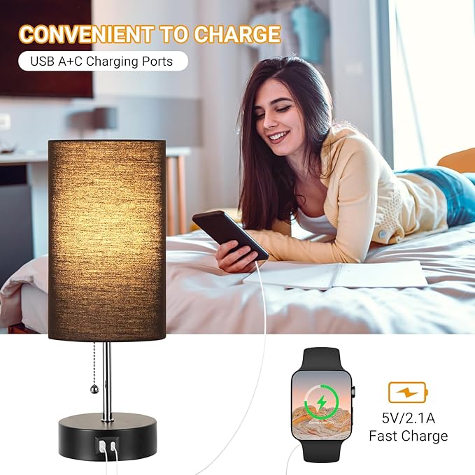 3-Color Temperature Bedside Lamp Nightstand Lamp with USB A Port and C Port, Table Lamp for Bedroom with LED Bulb Small Lamps for Living Room (Black)