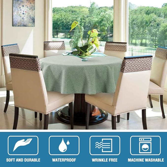 H.VERSAILTEX Linen Textured Tablecloth Round 60 inch Waterproof Decorative Table Cloth Spill-Proof Linen Look Cover for Party Table Extra Soft and Thick Fabric Wrinkle Free, Heather Sage