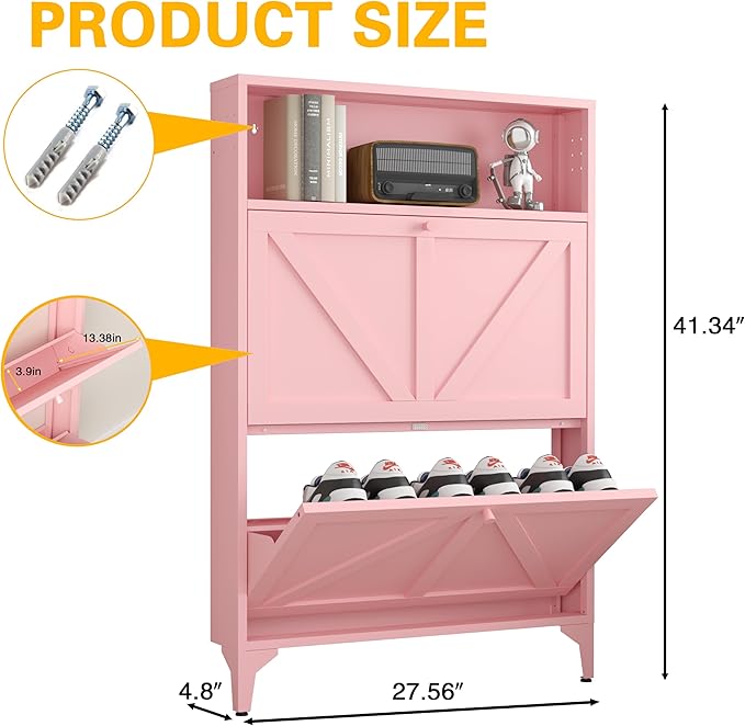Slim Shoe Cabinet for Entryway with 2 Flip Drawers, Narrow Hidden Shoe Storage Cabinet, Farmhouse Shoe Drawer Organizer with Metal Legs for Front Door, Foyer, Corner (2 Door, Pink)