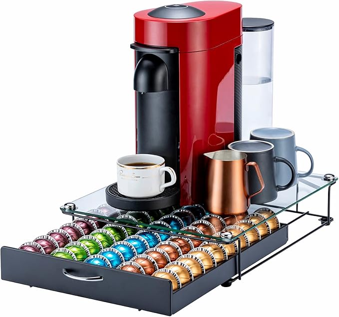 FlagShip for Vertuo Pod Holder Coffee Pod Organizer for Nespresso Pod Storage Glass Top(50 Pods Capacity)