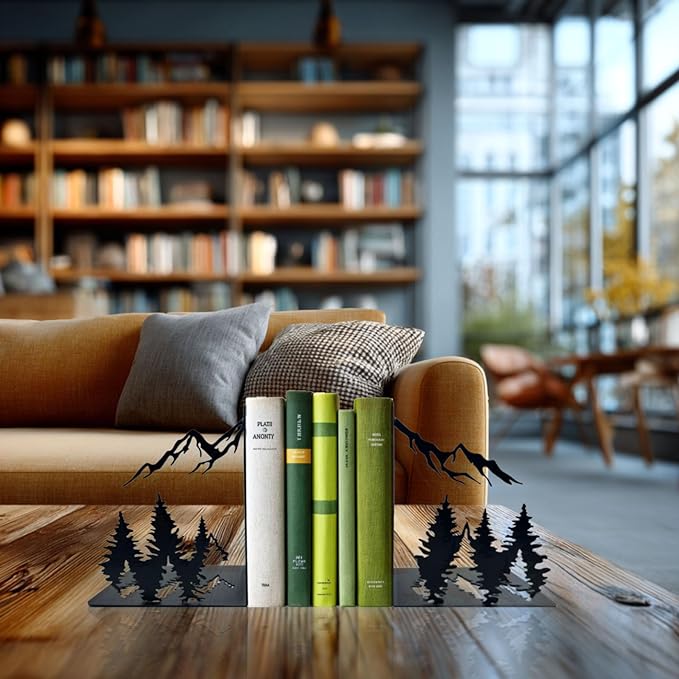 Matte Black Decorative Metal Mountain Bookends, Modern Aesthetic Decor for Home Office, Library or Studio Shelves, Unique Gift for Book Lovers
