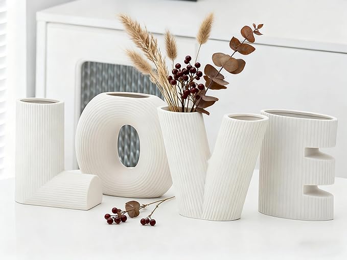 White Ceramic Vases Set of 4 Home Decor Modern Farmhouse Style Living Room Ornaments Dining Table Room Love Shaped Pottery for Dried Flowers
