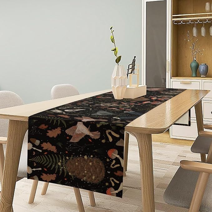 Retro Gothic Table Runner Halloween Crow Moth Fantasy Bird Snake Floral Mushroom Country Abstract Kitchen Dining Table Decoration for Living Room Holiday Outdoor Home Party 13x60in