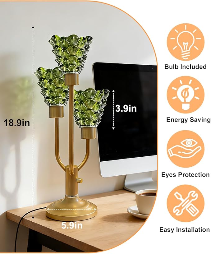 Lightdot Modern Glass Green Table Lamp for Living Room Dimmable Mid Century Gold Desk Lamp with Thickened Shell Glass 3 Bulbs Included 3000K Warmwhite Nightstand Lamp for Bedroom Bedside End Table