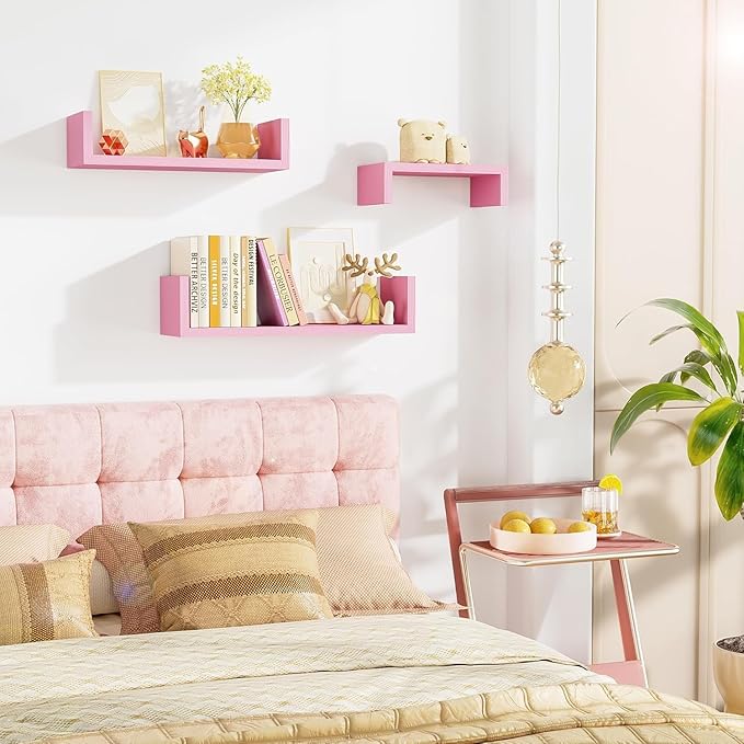 SRIWATANA Floating Shelves Wall Mounted, Solid Wood Wall Shelves, Pink