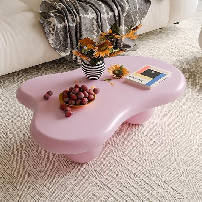 47" Cloud Coffee Table for Living Room Irregular Coffee Table Modern Unique Coffee Tables Cute Center Table with 3 Ball Legs for Small Space Apartment Cream Pink