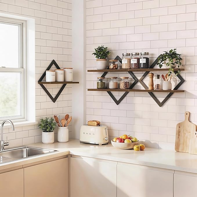 3-Piece Floating Shelves - Unique Geometric Wall Mounted Storage Set (1 Single & 2 Double Tiers), Sturdy Wood & Metal Display Shelf for Plants, Picture Frames, Living Room & Bathroom Decor