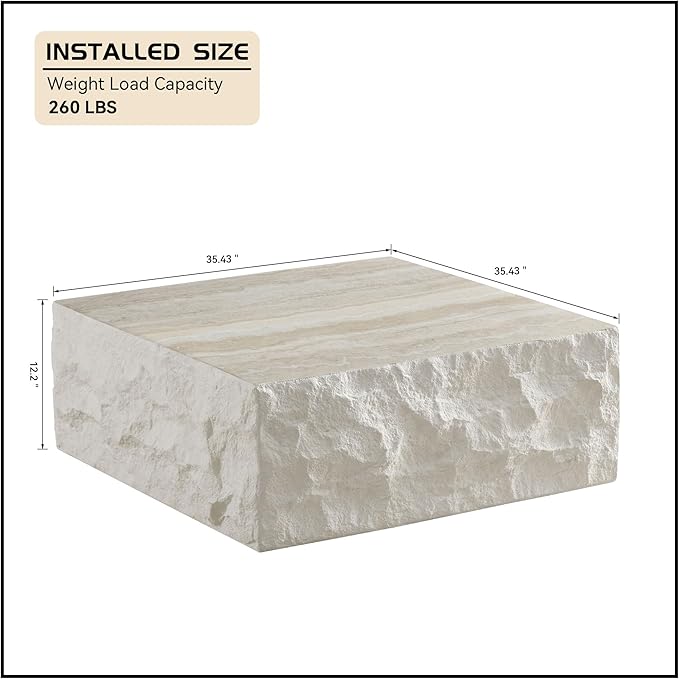 Square Coffee Table for Living Room Modern Center Table for Apartment, No Need Assembly (Fiberglass 35.43'' Cement Stone Pattern)