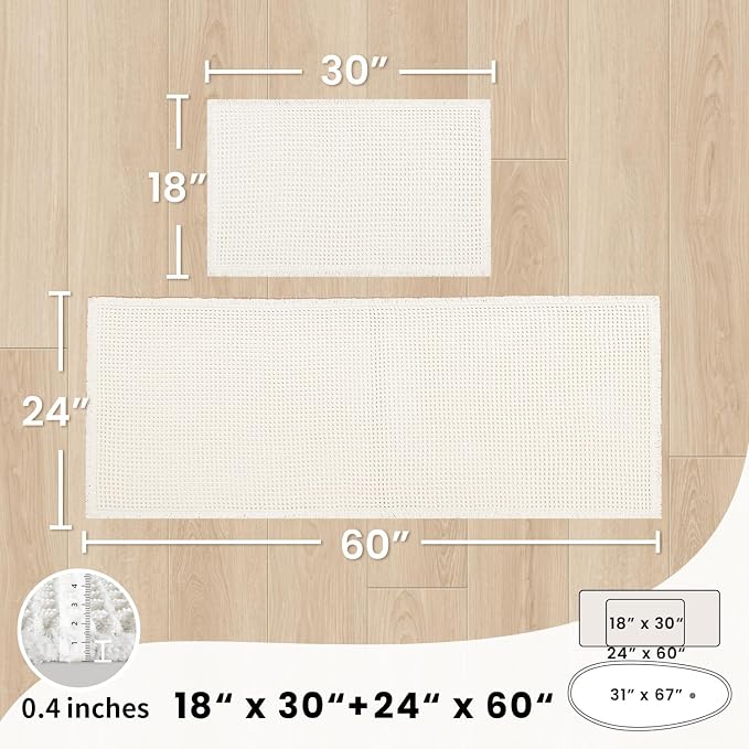 Bathroom Runner Rug Set 2 Piece - Long Waffle Bath Mat for Double Sink, Washable Bathroom Mats Non Slip Absorbent Boho Decor, 18x30 & 24x60, White