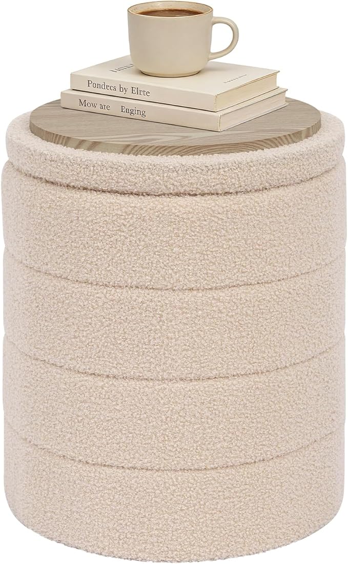 14.5" Round Storage Ottoman,Boucle Sherpa Ottoman with Tray, Faux Teddy Foot Rest Coffee Table for Bedroom Dorm Living Room,Beige