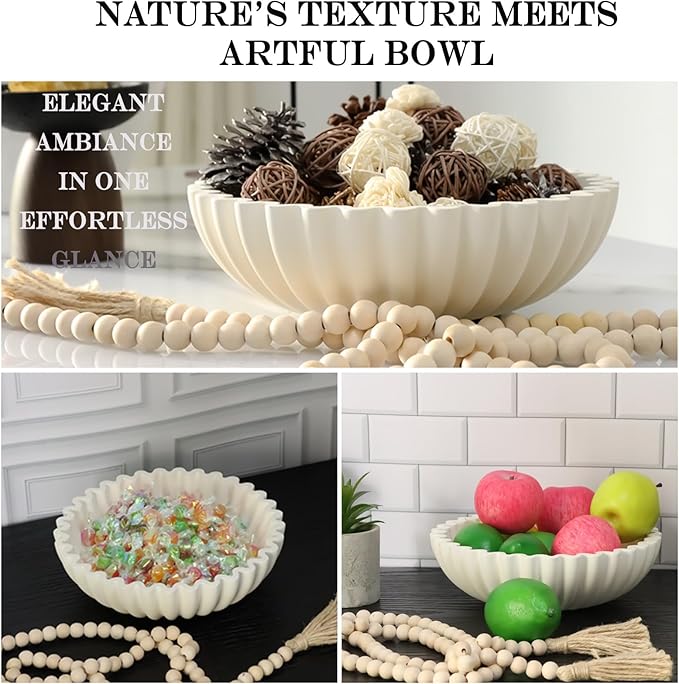 Decorative Bowl With Beads for Home Decor - Large Decorative Fruit Bowls for Candy - Scalloped Ruffle Centerpiece key Bowl - Morden Round 10" Aesthetic Coffee Entry Table Decor (White)