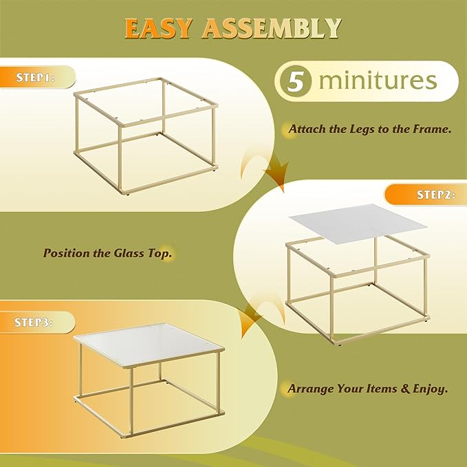 WLIVE Glass Coffee Table, Small Modern Coffee Table for Living Room with Wave Textured Glass & Metal Frame, Square Center Table for Small Spaces Apartment, Office, 26.4 x 26.4in, White