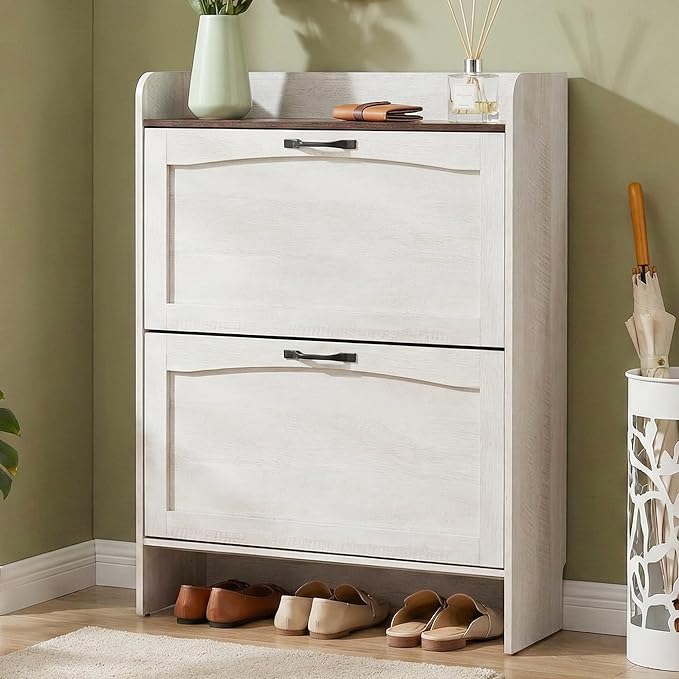 Narrow Shoes Storage Cabinet, Entryway Storage with 2 Flip Drawers, Farmhouse Shoe Organizer with Removable Shelves, Anti-Drop Top Fence, 40.4H x 31.4W (Warm White Grayish)