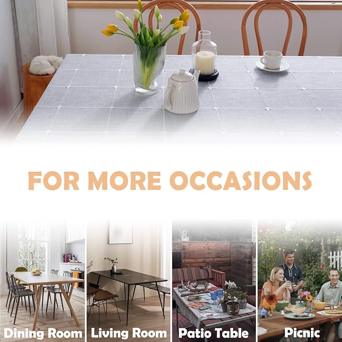 JIALE Heavy Duty Table Cloth Cotton Linen Waterproof Tablecloths Farmhouse Tablecloth, Soft and Wrinkle Free Table Cover with Tassels, Square, 55''x55'', Grey Gingham