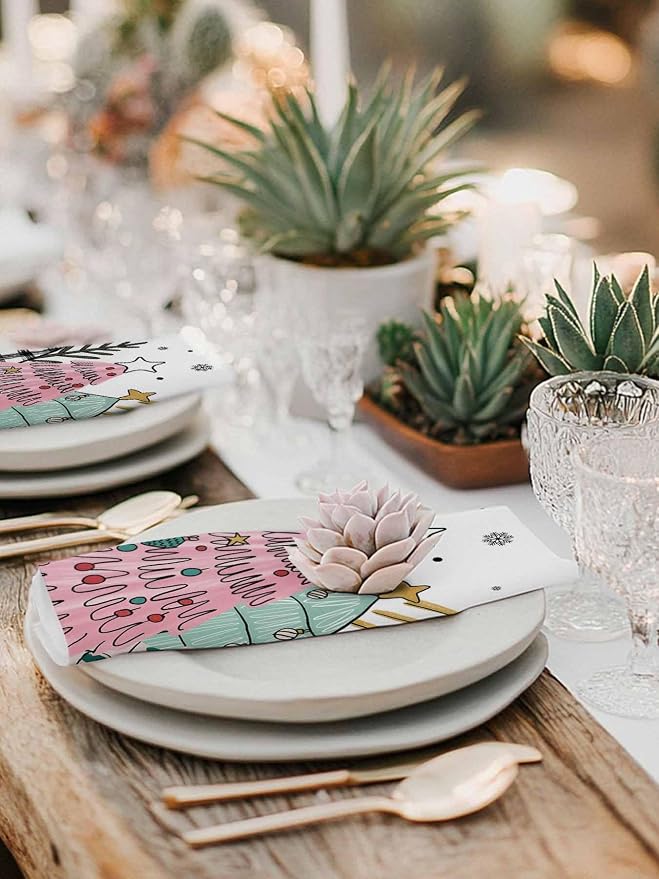 Christmas Cloth Napkins Set of 6, Pink Xmas Tree Washable Dinner Napkins Winter Snowflakes Rustic Plaid Table Reusable Napkin for Home Party Wedding Dining Table Setting Decoration, Oversized 20"x20"