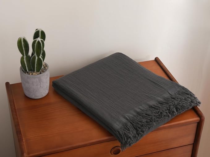 100% Cotton Muslin Throw Blanket for Bed, Couch, Small, Decorative, Soft, Pre-Washed, Breathable and Lightweight Gauze Blanket with Tassels(Dark Grey, 50"x60")