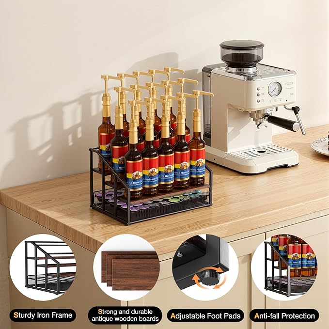 kimilus Coffee Syrup Rack Organizer, 4-Tier 12 Bottle Syrup Rack with 35 K Cup Drawer for Coffee Bar, Countertop Bottle Holder Stand for Dressing for Kitchen Cafe Station