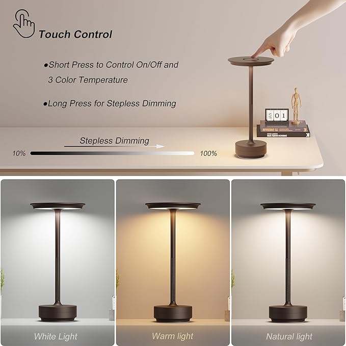1 Pack Rechargeable Table Lamps Cordless, Portable 5000mAh Outdoor Table Light, 3 Color Stepless Dimming LED Table Lamp with Memory Function, for Home/Dinner/Patio/Restaurant.(Brown)
