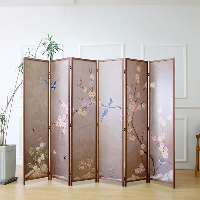 Furnnylane 6 Panel Room Divider for Room Separation, 5.6 ft Tall Double Sided Blackout Folding Privacy Screen - Freestanding Wall Partition with Plums and Birds Scenery for Home Office (67"H x 94.5"W)