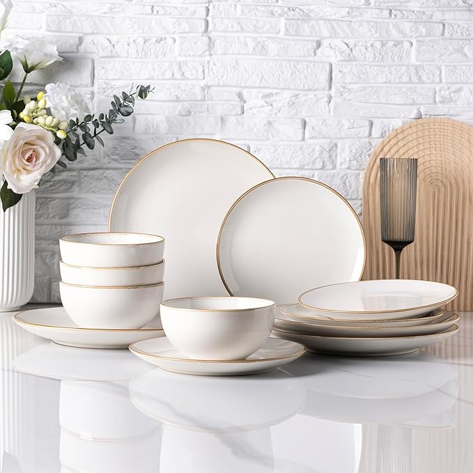 GBHOME Ceramic Dinnerware Sets for 4, 12 Pieces Stoneware Plates and Bowls Sets, Reactive Glaze Dishes -Scratch Resistant, Dishwasher&Microwave Safe，Pearl White